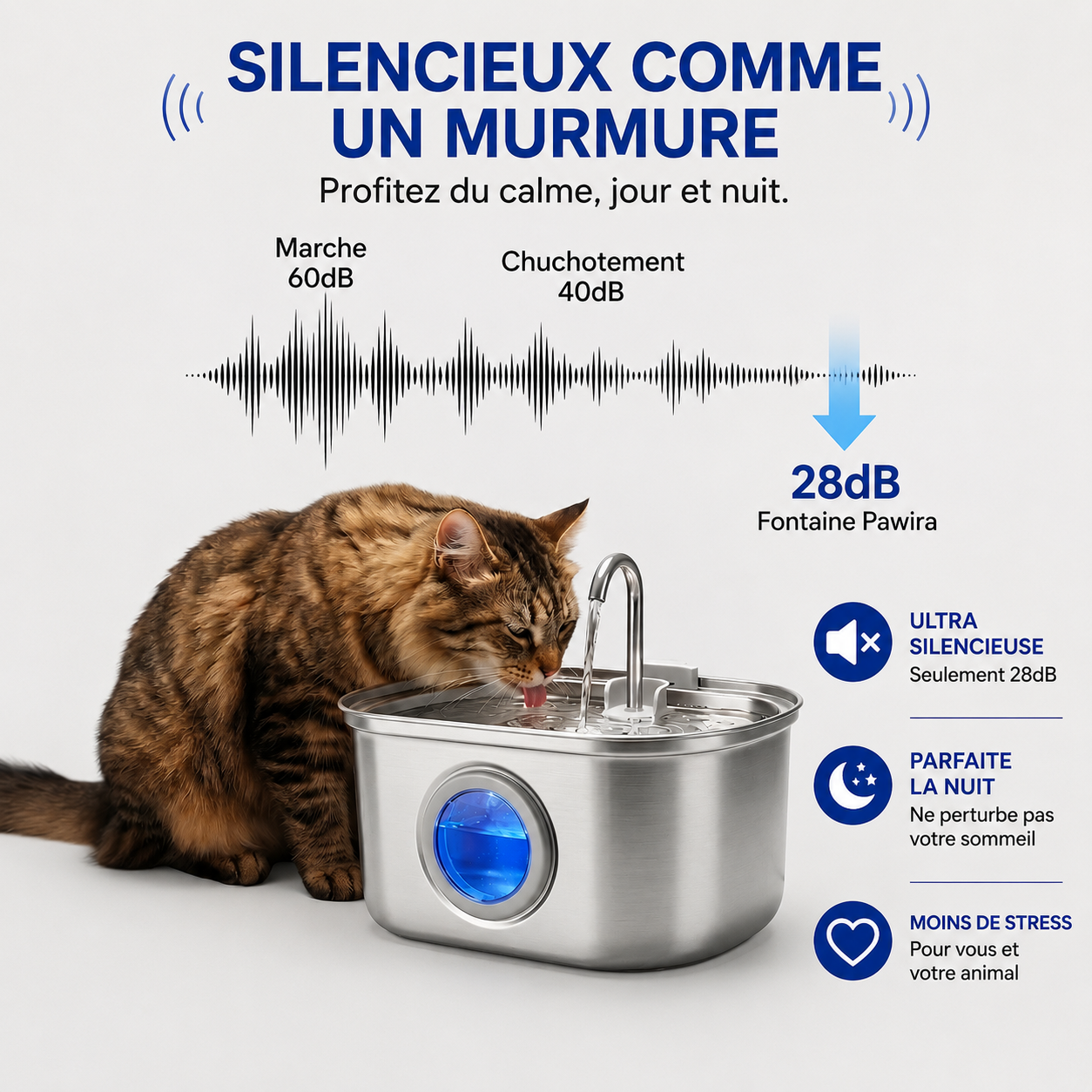 Fontaine à Eau pour Chat en Acier Inoxydable 3,2L
