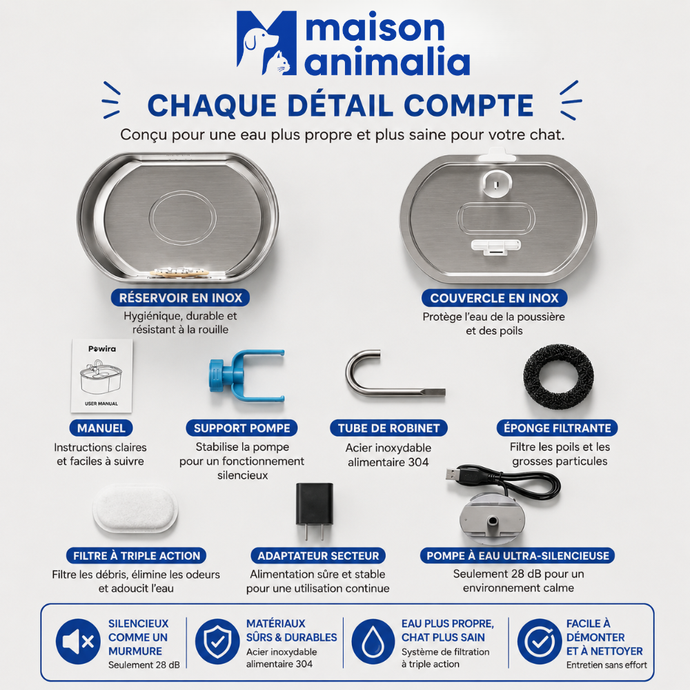 Fontaine à Eau pour Chat en Acier Inoxydable 3,2L